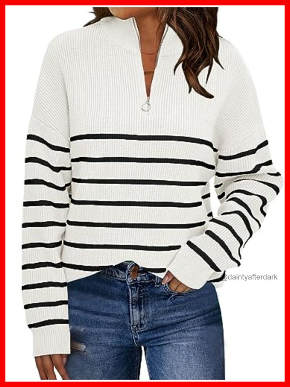 Quarter Zip Striped Oversized Ribbed Knit Pullover Sweater